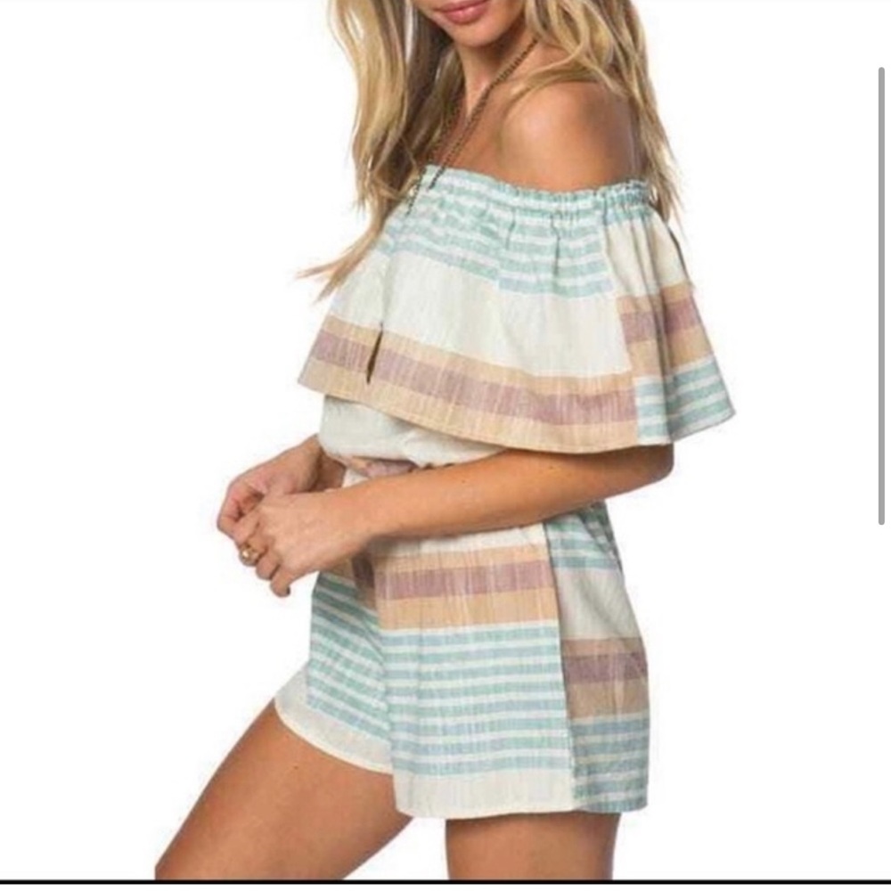 O’Neill Pearce Beige Striped Off the Shoulder Ruffled Romper Woven Cotton Medium